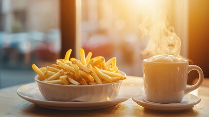 Savoring french fries and coffee in a cozy corner  a delightful culinary experience with warm ambiance