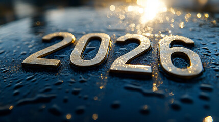 A minimalistic small "2026" sign placed on a sleek office table with bright white, gold, and silver tones, creating a modern atmosphere with a clean and organized aesthetic, leaving space for captioni