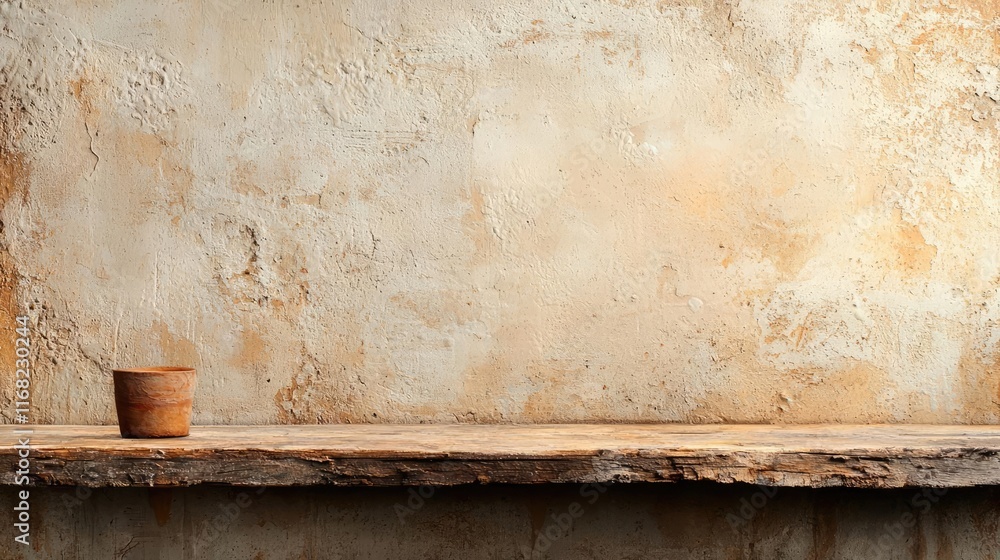 Poster grungy abstract background idea. rustic wooden shelf with a simple terracotta pot against a textured