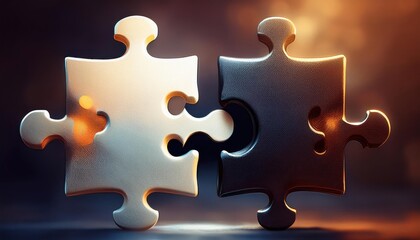 Obraz premium Two interlocking puzzle pieces, one silver and one black, symbolizing connection, unity, and problem-solving against a glowing background.