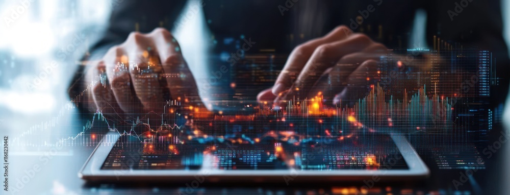 Poster business data analysis digital artwork hands interaction with data visualization tablet kpi dashboar