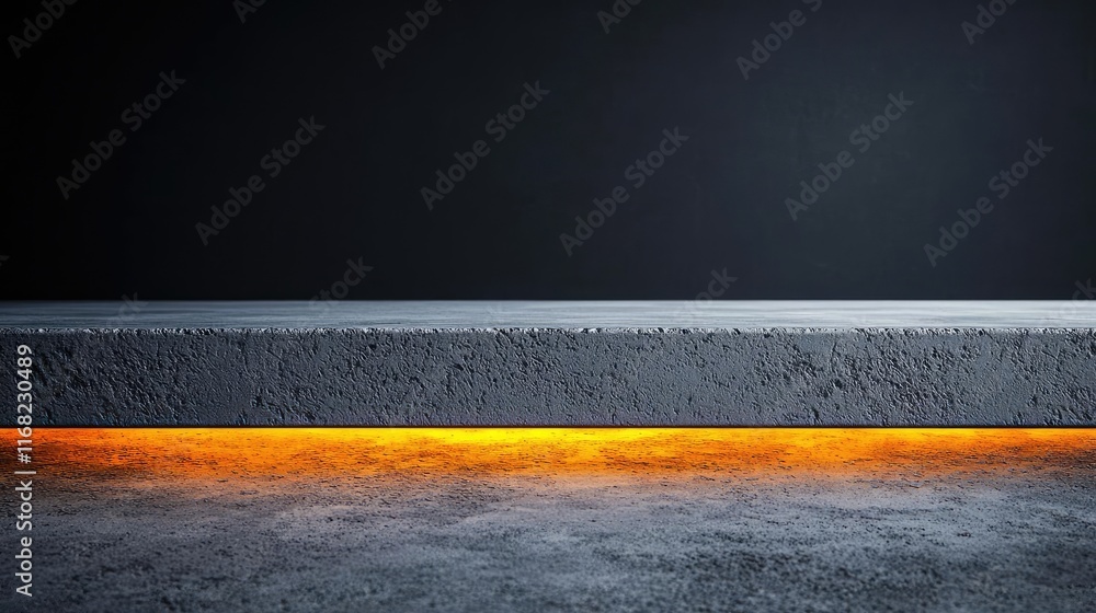 Poster Grungy abstract background idea. A minimalist concrete wall with a soft orange glow illuminated from below.