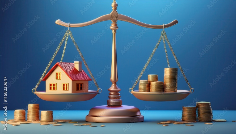 Poster a balance scale comparing a house model and stacks of coins, symbolizing the relationship between re