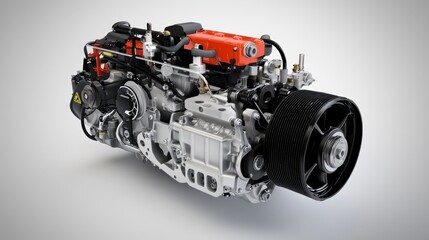 A detailed 3D rendering of an automotive engine showcasing its components and design.