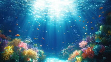 Underwater Scene Vibrant Coral Reefs Tropical Fish Sunlight