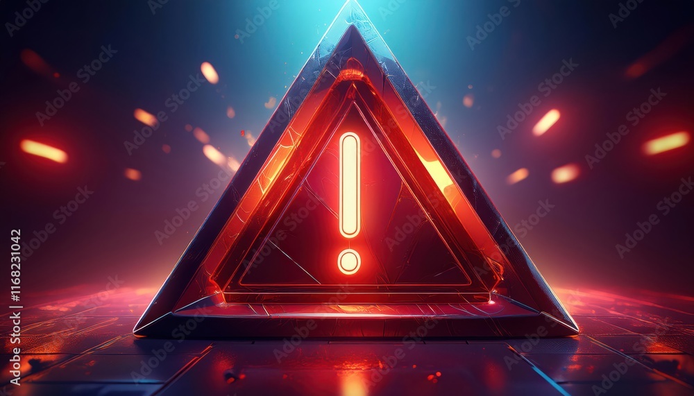 Poster a glowing triangular warning sign with an exclamation mark, set against a futuristic background of v