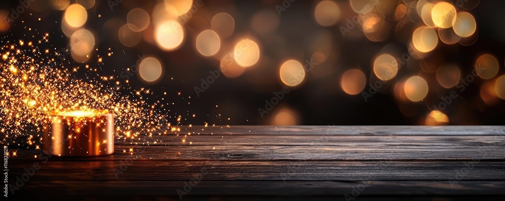 Poster Burst abstract background concept. A sparkling gift box sits on a wooden table against a shimmering bokeh backdrop.
