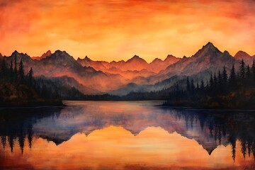 Sunset glow reflected in a calm mountain lake, surrounded by peaks 