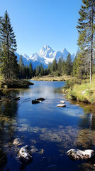 Majestic mountain reflection in calm alpine lake, tranquil forest background; ideal for travel brochures or nature documentaries.