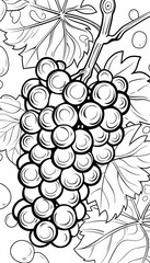 Fototapeta premium A detailed line art image of a bunch of grapes hanging from a vine with leaves. Ideal for coloring books or educational materials.