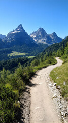 Fototapeta premium Mountain hiking trail scenic view, valley below, summer sunlight, alpine landscape, travel photography.