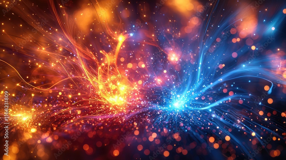 Poster Burst abstract background concept. A vibrant abstract display of blue and orange light trails creating an energetic effect.