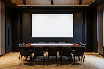 Elegant conference room with white screen and rich mahogany table.