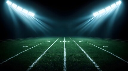 Football field illuminated by stadium lights with copy space on dark background
