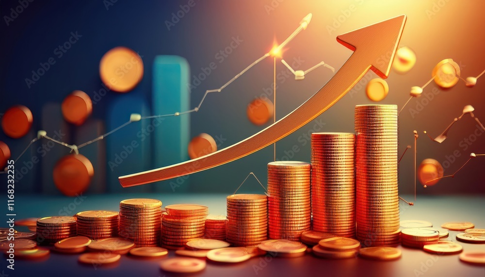 Poster a dynamic representation of increasing wealth, featuring stacks of coins and an upward arrow, symbol