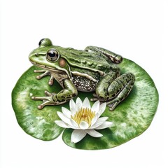 Fototapeta premium Green Frog Sitting on Leaf with Water Lily Bloom in Calm Water Environment