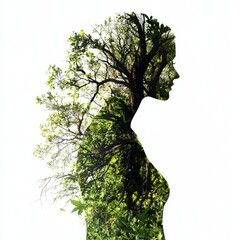 Silhouette of a Woman Merging with Nature, Depicting Trees and Leaves in a Stunning Double Exposure Effect