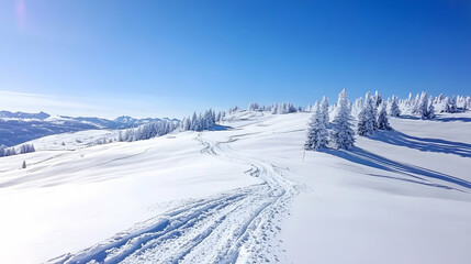 Obraz premium Snow-covered mountain slope with ski tracks, sunny winter day, scenic alpine landscape, perfect for winter sports tourism.