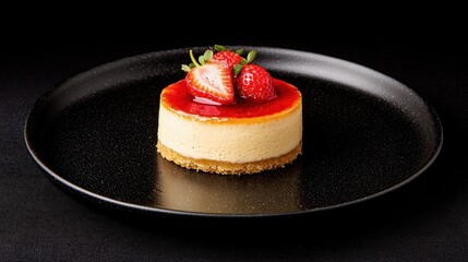 A creamy cheesecake topped with fresh strawberries and a glossy glaze, served on a sleek black plate against a dark background.