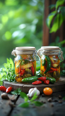 Homemade chili peppers preserved in jars, outdoor setting, summer garden background. Ideal for food blogs and cooking websites.