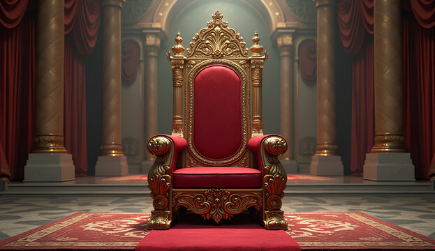 Majestic golden throne with red velvet upholstery in a grand hall with ornate columns and red curtains, illuminated by soft light, exuding royal elegance and power