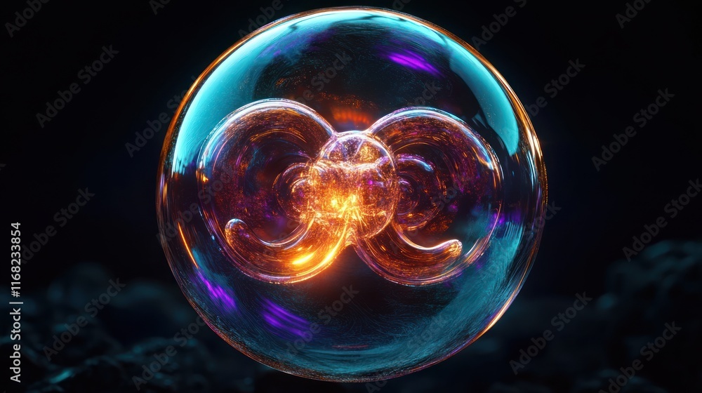 Poster hyper-realistic soap bubble with holographic effect and bioluminescent glow