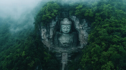 Fototapeta premium Serene Long-Distance View of Carved Buddha Statue Amidst Lush Green Trees