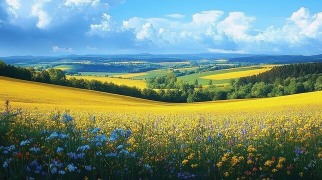 Vibrant Spring Landscape of Yellow Rapeseed Fields in Champagne Ardenne France