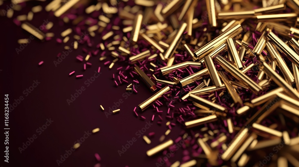 Poster burst abstract background concept. close-up of shimmering gold and purple metallic sticks scattered 