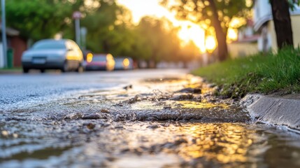 Fototapeta premium Sunset Reflections on Wet Street Surface