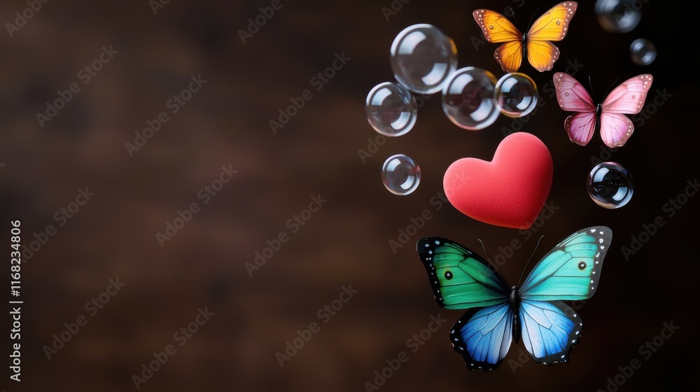 Poster valentine bubble concept. bright heart shaped bubbles floating in an ethereal dreamlike setting inte
