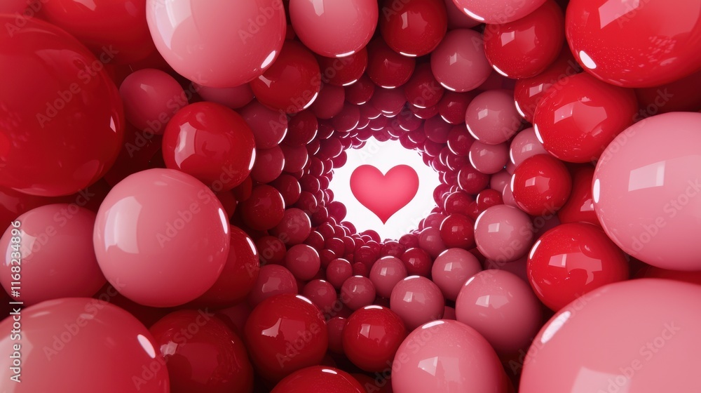 Poster valentine bubble concept. captivating abstract spiral of red and pink bubbles with a heart centerpie