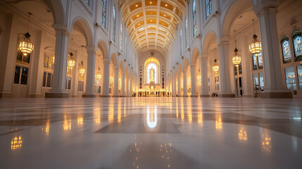 Grand white church interior, sunlight reflecting on marble floor, peaceful atmosphere, perfect for religious or architectural publications.