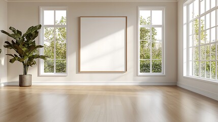 Modern Empty Room Interior Design with Large Windows and Blank Canvas Artwork Mockup