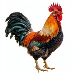 Fototapeta premium Colorful Rooster with Vibrant Plumage Standing Proudly in a Rural Setting