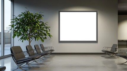 Fototapeta premium Modern Office Waiting Area with Blank Signage Stylish Chairs Plant