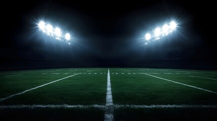 Football field illuminated by stadium lights with copy space on dark background