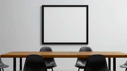 Modern minimalist office interior design blank square frame above wooden table with black chairs