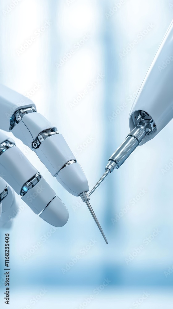 Poster advanced robotic hands interacting with precision instruments in futuristic environment