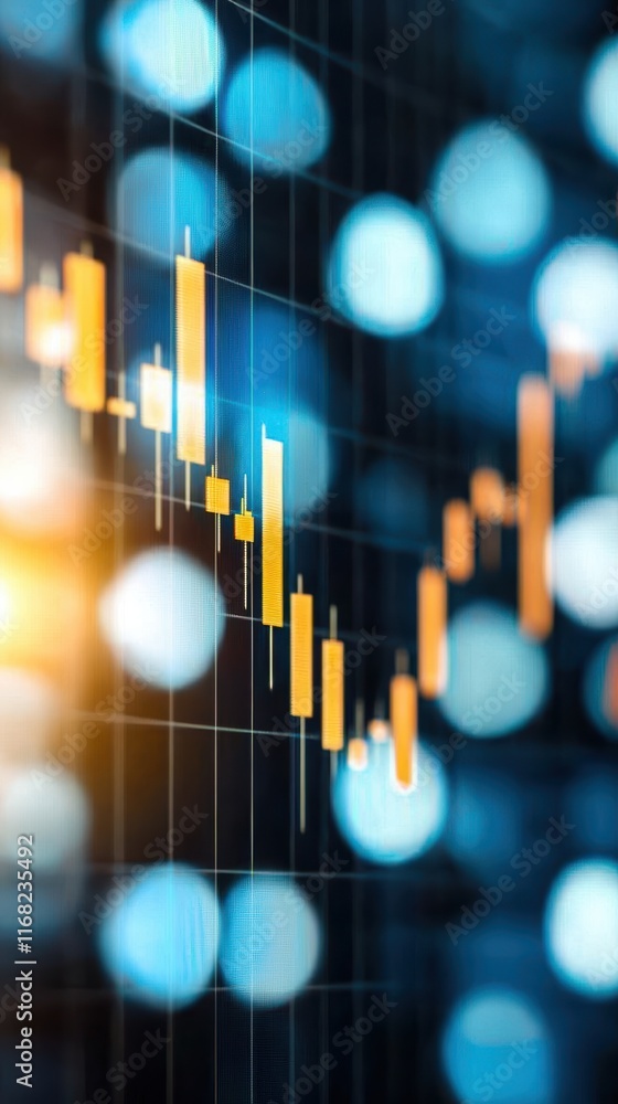 Poster financial market data visualization with candlestick chart and bokeh effect