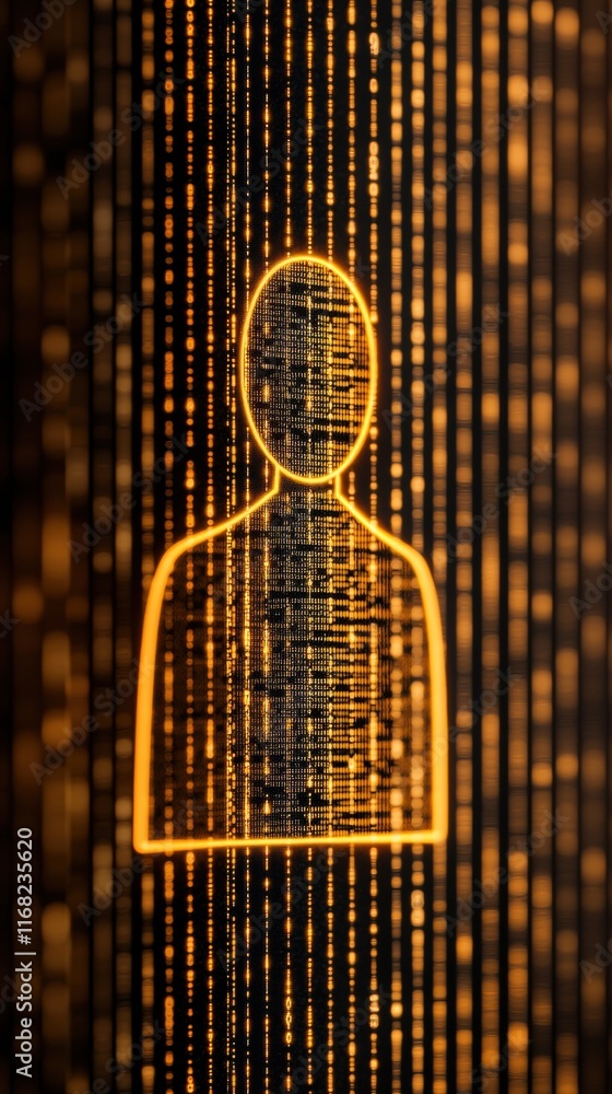 Poster abstract representation of a human figure with glowing binary code background