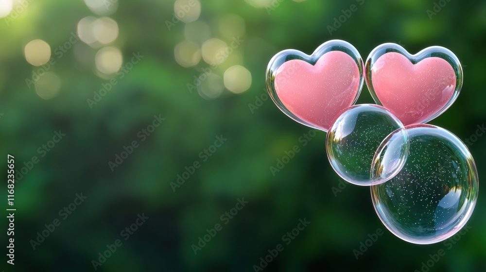 Poster valentine bubble concept. mesmerizing heart shaped bubbles breaking into tiny sparkling particles fl