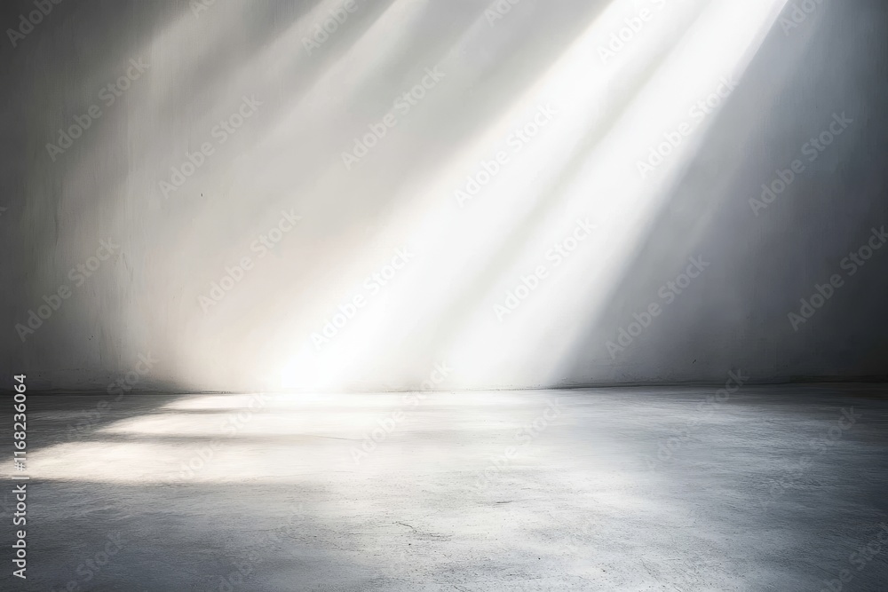 Poster light rays illuminate a dark, empty room.