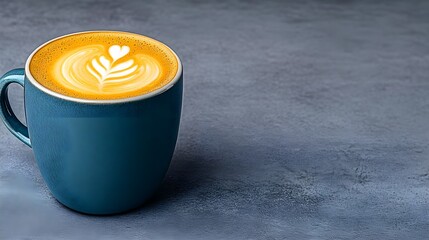 Cozy Blue Coffee Cup with Heart-Shaped Latte Art on Grey Background for Warm Beverage Lovers