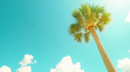Obraz premium Lush Palm Tree Against a Bright Sky with Clouds on a Sunny Tropical Day