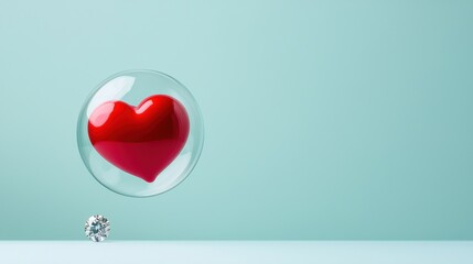 valentine bubble concept. Transparent glass bubble encapsulating a vibrant red heart shaped object which emits a warm glowing light from within creating a captivating and romantic visual