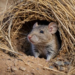 Central Rock Rat Peeking from Burrow: Nestled in Dry Grass and Twigs in the Desert