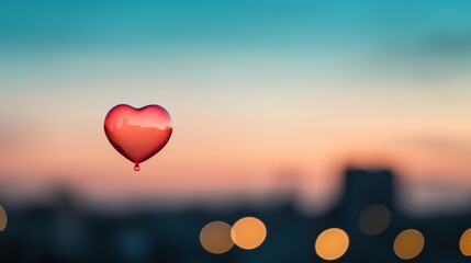 valentine bubble concept. Whimsical metallic heart shaped bubbles floating against a serene urban skyline at sunset creating a poetic and atmospheric scene with romantic undertones