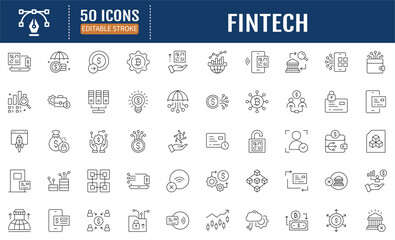 Financial Technology Line Editable Icons set. Containing Fintech, Digital Native, Cloud Tech, Cashless Payment, Digital Economy, Mobile Payments and more. Vector Illustration