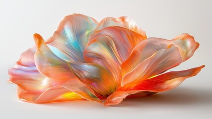 A vibrant, translucent flower with soft, swirling colors of orange, blue, and pink, resembling a delicate art piece.